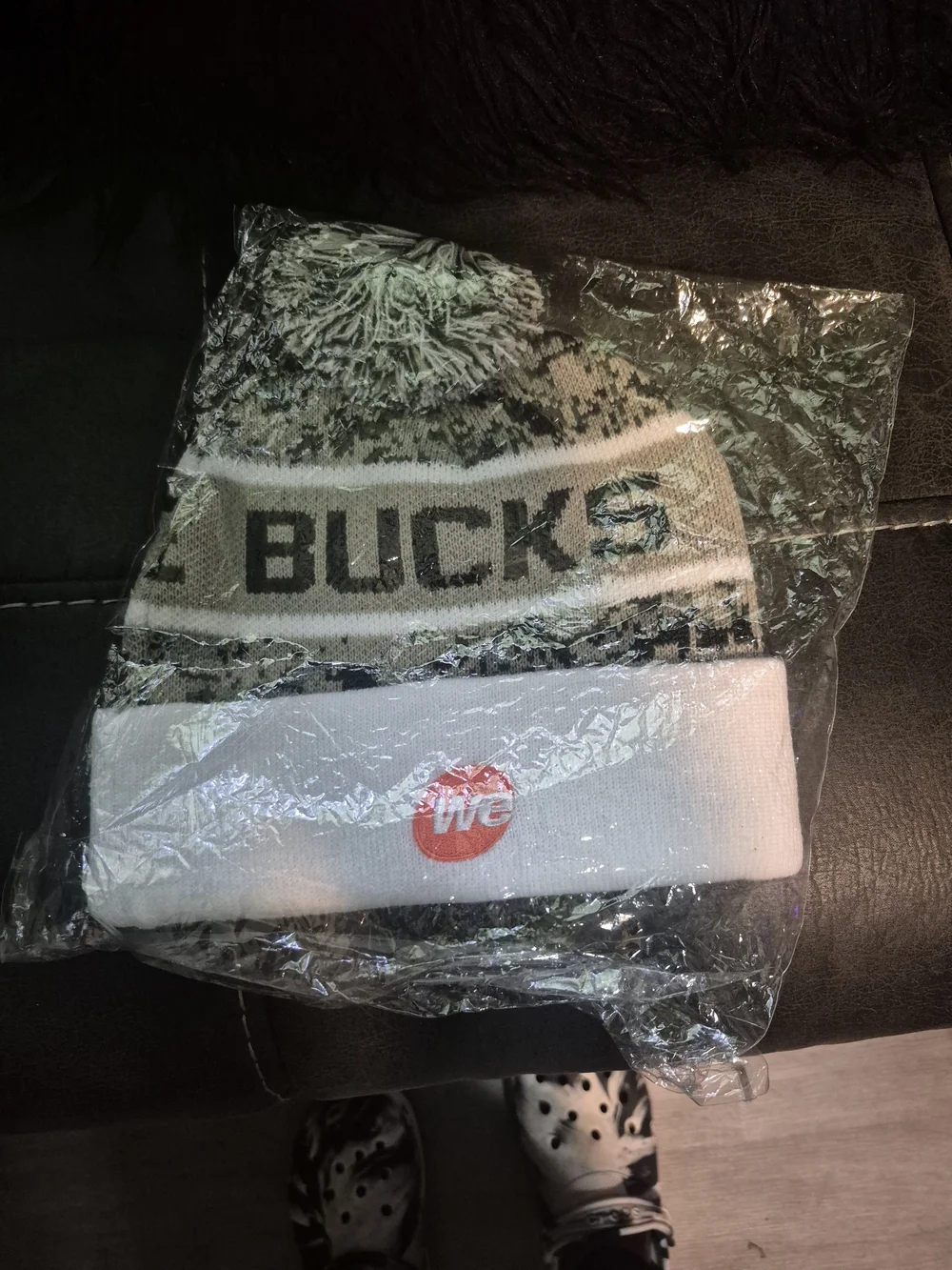 Kids White and Gray Knit Pom Beanie with Deer Logo